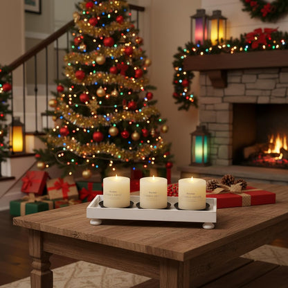 SOFE Rustic White Wooden Candle Holder Tray, 3-Pillar Candle Plate for Tables Mantel Decor, Distressed Finish, Multifunctional Home Decor Accessories