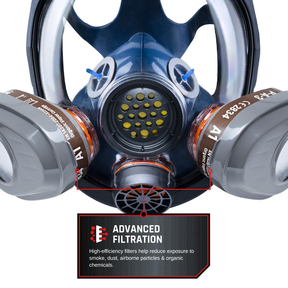 PT-101 Full Face Organic Vapor & Particulate Respirator with Dual P-A-3 Carbon Activated Cartridges - Eye Protection Mask
