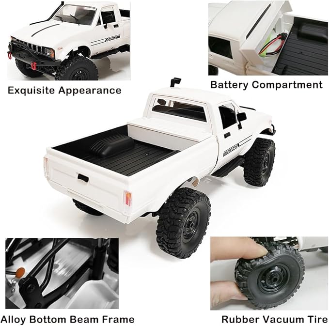 GoolRC RC Truck WPL C24-1 RC Crawler 1/16 Scale Remote Control Car 4WD All Terrain Off Road Pickup Truck 2.4GHz RC Climbing Car with LED Light 2 Batteries for Adults (White)