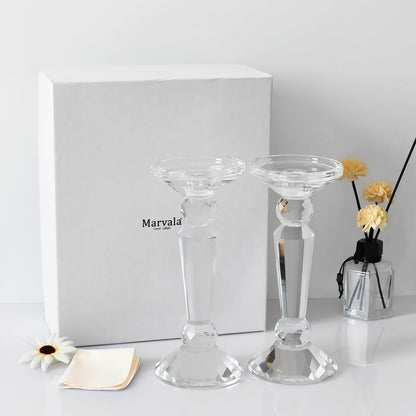 Marvala Crystal Taper Candle Holders Set, Clear Dual-Sided 2-in-1 Candlesticks for Taper and Pillar Candles, Elegant Wedding Table, Wedding, Christmas, Home Holiday Decor (Set of 2-S)