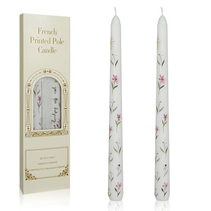 Floral Taper Candles 10 Inch Tall Unscented Handmade White Iris Print Long Burning Elegant Candlesticks for Wedding Dinner Home Decor