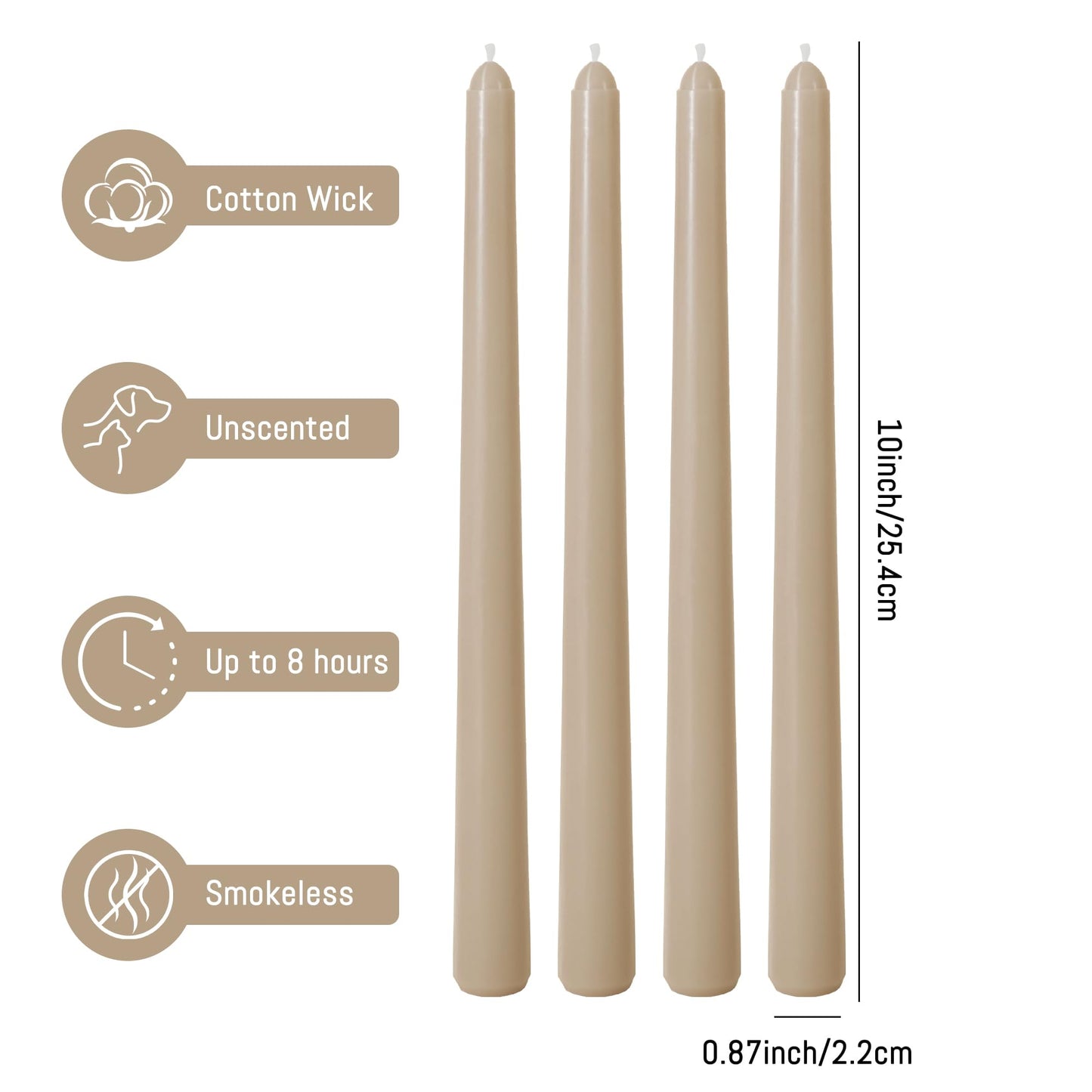 Viyffo Taper Candles, 10 Inch, 20 Pack, Nougat Brown – Unscented, Dripless & Smokeless Design, Up to 8 Hour Burn – Long Tall Taper Candlesticks for Wedding, Dinner & Home Decor