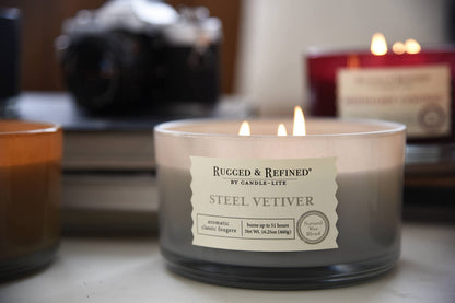 Candle-Lite Scented Candles for Men, Steel Vetiver Fragrance, 16.25 oz Jar, 3-Wick, 51 Hours of Burn Time, Masculine Aromatherapy with Long Lasting Scent, Ideal Gift for Father's Day and Home Decor