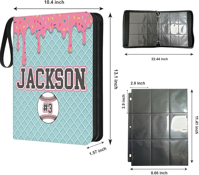 Personalized Ice Cream Drip Baseball Card Binder with Name &amp Number – Zipper Trading Card Album with Handle – Collector Case for Players &amp Fans (Ice Cream Drip Art #7)