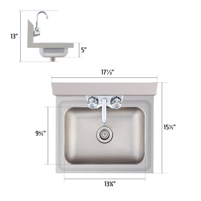 WILPREP Hand Sink Commercial Stainless Steel Sink for Washing, NSF Utility Sink with Gooseneck Faucet, Wall Mount Kitchen Sink for Restaurant Bar RV Bathroom Laundry Room (17 x 15 Inches)