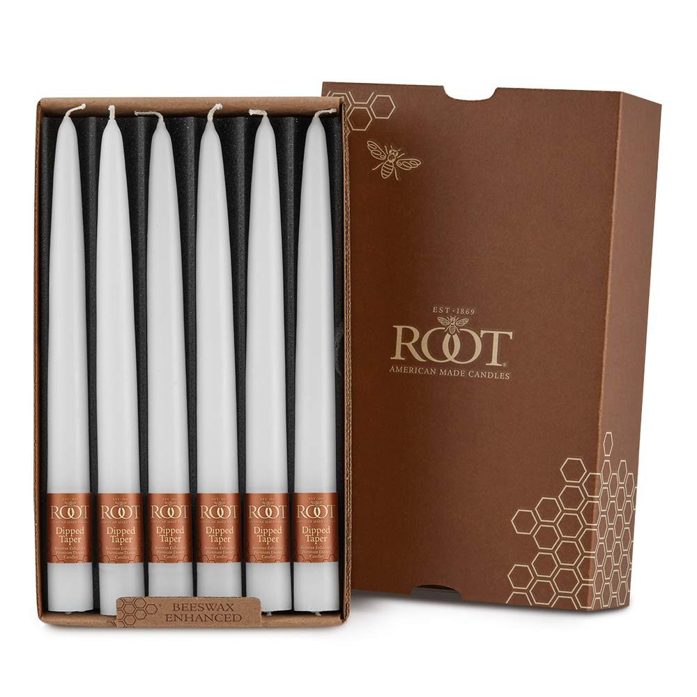 Root Candles 12-Count Unscented Taper Candles Smooth Hand-Dipped Dripless Beeswax Enhanced Boxed Candle Set, 9-Inch, White