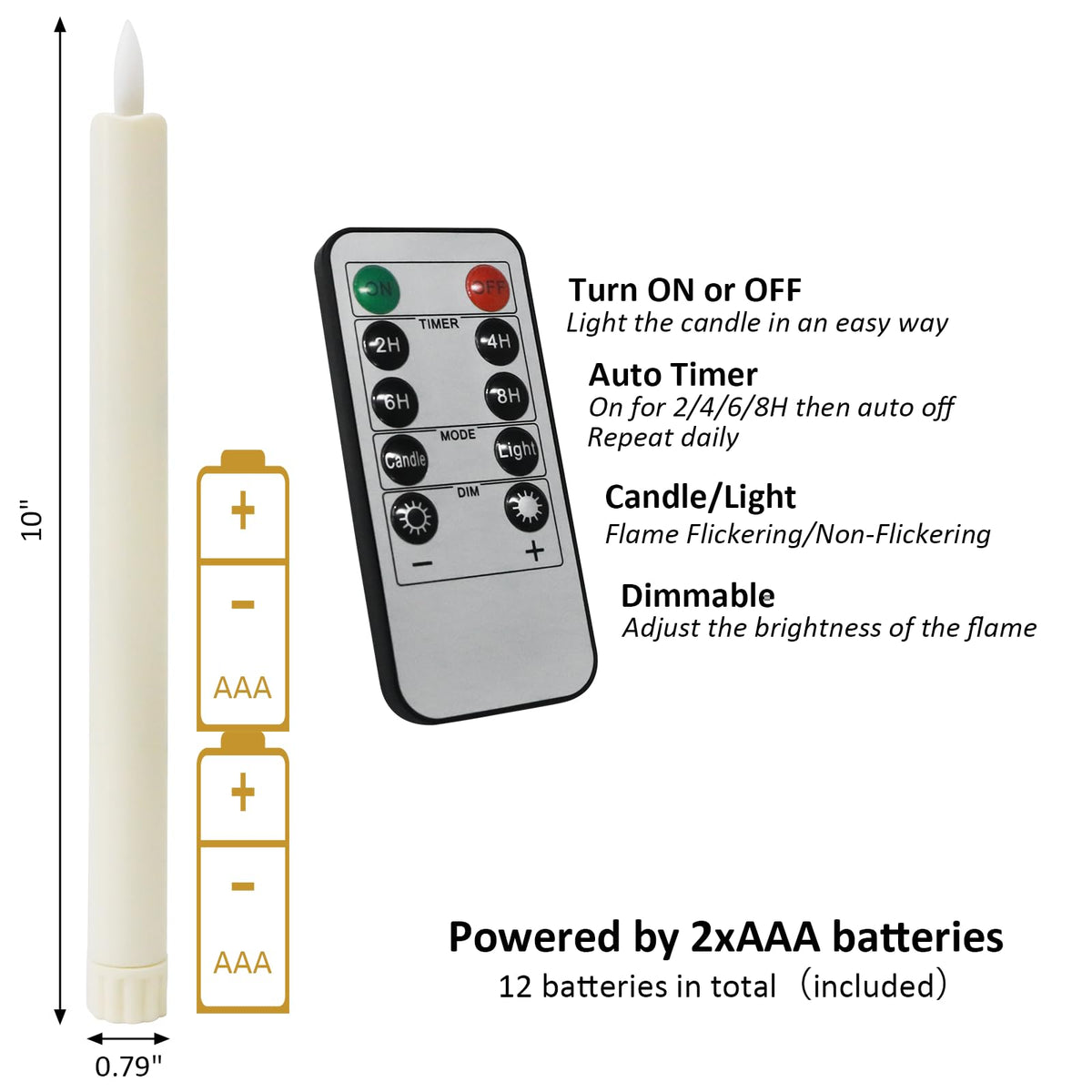 Sunjas 6PCS Flameless Taper Candles with 3D Flickering Flame Battery Operated Candles with 2 Remote with Button Cell Battery 10" Ivory LED Candlesticks Window Candle for Christmas Home Decor
