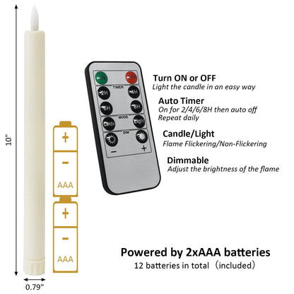 Sunjas 6PCS Flameless Taper Candles with 3D Flickering Flame Battery Operated Candles with 2 Remote with Button Cell Battery 10" Ivory LED Candlesticks Window Candle for Christmas Home Decor