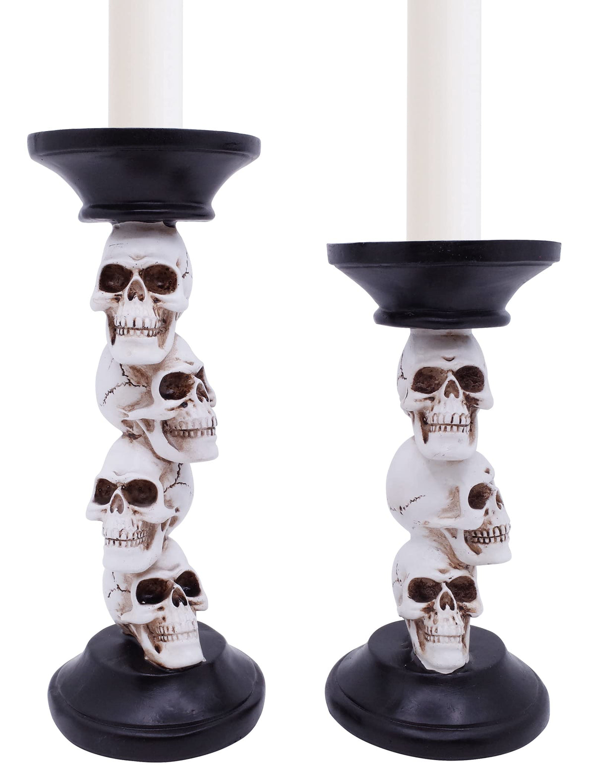 Etistta Halloween Skull Candle Holder for Fireplace Decorations, 9.5 Inch Tall Polyresin Candlestick Holders, White Bones Black Candlesticks for Decor, Set of 2