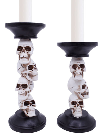 Etistta Halloween Skull Candle Holder for Fireplace Decorations, 9.5 Inch Tall Polyresin Candlestick Holders, White Bones Black Candlesticks for Decor, Set of 2