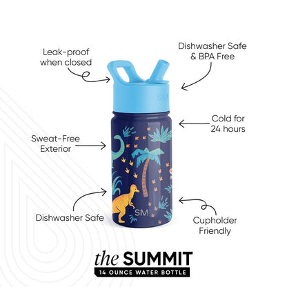 Simple Modern Kids Summit Water Bottle with Straw Lid | 14oz Stainless Steel Cup Insulated Tumbler for Toddlers, School | Jurassic Jungle