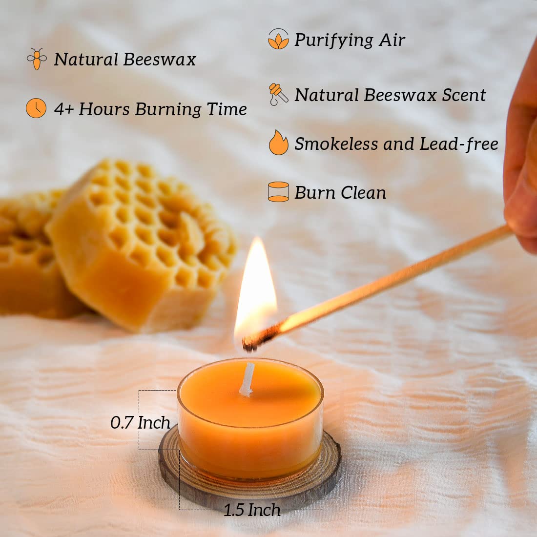 50PCS Pure Beeswax Tealight Candles, Natural Scent, Clear Cup， Raw
