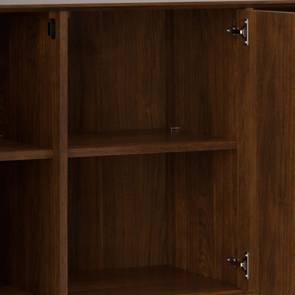 SIMPLIHOME Banting Buffet - 58 inch Wide Solid Wood 3-Door Sideboard Buffet in Natural Walnut, Mid-Century Modern Cabinet for Dining Room or Kitchen with Adjustable Shelves and Metal Base