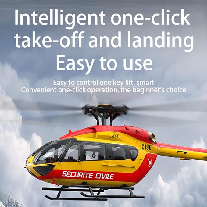 C190 Remote Control Helicopter for Adults 1:30 Scale H145 RC Helicopter 2.4G 6CH Single Propeller Aileron Free Optical Flow Positioning Six-axis Gyroscope Stabilization (Red Yellow(1 Battery))