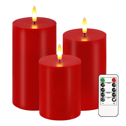 Red Flameless Candles, Set of 3 Flickering LED Candles with Remote & Timer, Dimmable Real Wax Electric Pillar Candles Battery Operated, Christmas Flameless Candles Light for Home Xmas Decor (Red)