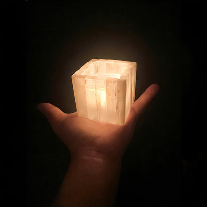 Selenite Tea Light Holder, Natural Selenite Crystal Candle Holders with Different Shapes, for Home Decor, Meditation, Yoga, Reiki, Gifts (Square Regular Cup)