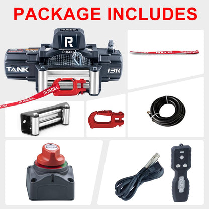 RUGCEL 13500lb Waterproof Electric Winch – 12V Steel Cable (82' x 7/16") with Roller Fairlead, 2-in-1 (Wireless + Wired) Remote, for Truck, SUV & Trailer