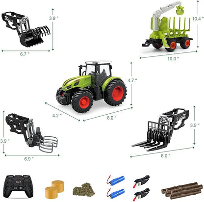 Remote Control Tractor Farm Playset 2.4Ghz Electronic RC Tractor with Trailer and Timber Truck Farm Toys Set with Wood Grabber Multifunctional headers Farmers for Kids Age 3 4 5 6 Years Old