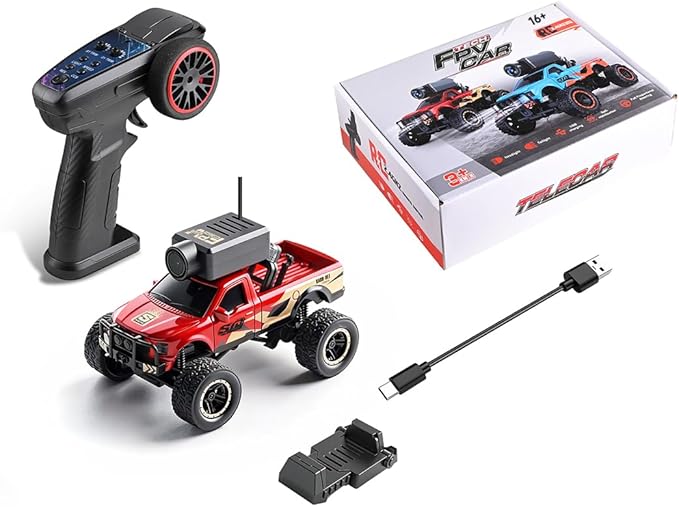 WL 1/64 FPV RC Car with Camera APP Auto-Pairing Mini RC Truck with Remote Controller 3-Speed Modes Gyroscope Remote Control Off-Road Truck for Adults