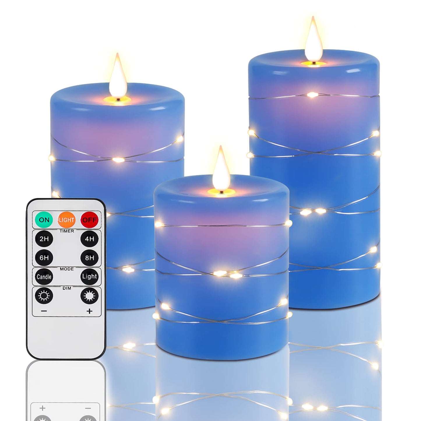 Upinmz Flickering Flameless Candles with Embedded String Lights, Battery Operated Candles with Remote Control and Timer,LED Candles for Home Decoration,Real Wax, 3 Pack Blue