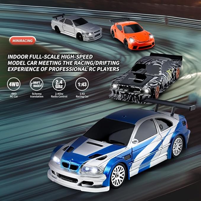 1:43 Mini RC Drift Car 2.4GHz RTR Full Proportional Remote Control Cars 4WD High Speed Racing Lights Kit and Racing Tires (4301-1)