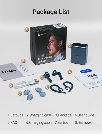 Timekettle W4 Translation Earbuds,Bone-Voiceprint Sensor for Clear Voice in Noise, AI Translator Correction,Protected Privacy with GDPR,Bluetooth,iOS/Android APP for Business & Relationships Blue