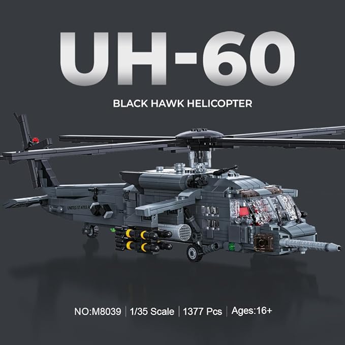 MISINI M8039 1:35 UH-60 Black Hawk Helicopter Building Blocks Set Military Armed Helicopter Bricks Model Kit for Adults Collectible Display Toy Realistic Details The Collector's Gift1377 Pieces