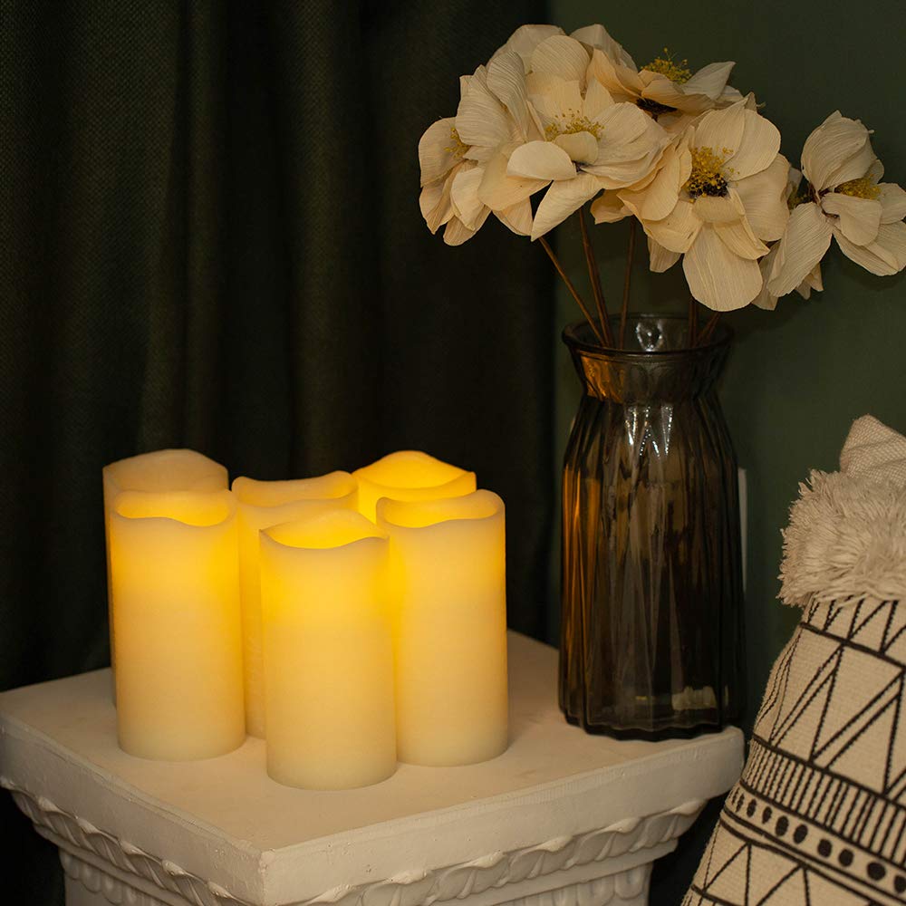 H-BLOSSOM Flameless Candles Battery Operated Real Wax Pillar LED Candles with 10 Key Remote Control Cycling 24 Hours Timer Set of 6 (3" x 6" Remote)