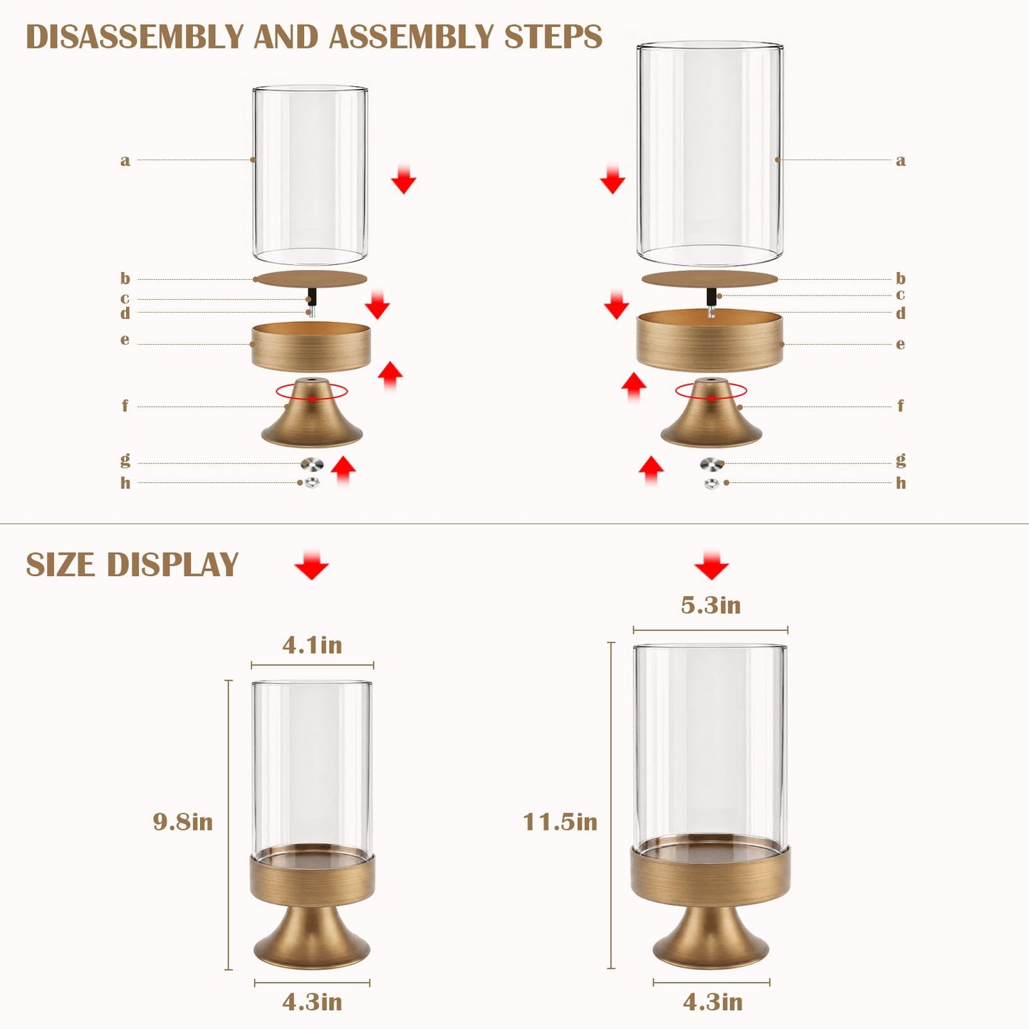 Gold Hurricane Candle Holder with Glass Cylinder Decorative Metal Pedestal Candlestick Holders for Pillar Candles Elegant Centerpiece for Dining Table Wedding Fireplace Mantel Living Room Home Decor