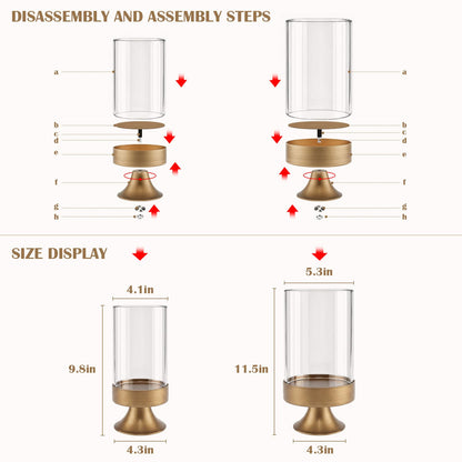 Gold Hurricane Candle Holder with Glass Cylinder Decorative Metal Pedestal Candlestick Holders for Pillar Candles Elegant Centerpiece for Dining Table Wedding Fireplace Mantel Living Room Home Decor