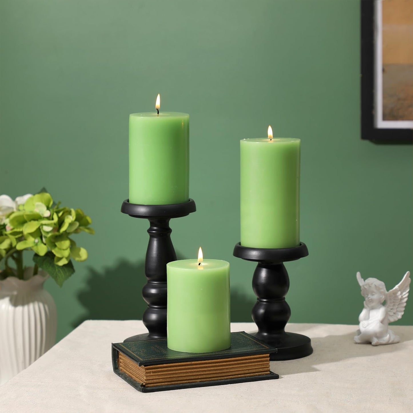 Green Pillar Candles Set of 3 - Spring Green Candles Decorations, Hand-Poured Unscented Candle, Smokeless Decorative Candle for Home, Set of 3 in Different Sizes (4", 5", 6")