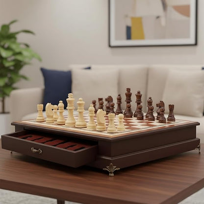 14.6-Inch Wooden Chess Set with Drawer Storage – Handmade Chess Board with 2 Extra Queens Elegant Home Decor and Strategy Game for Adults &amp Beginners