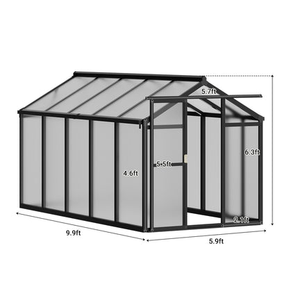 6X10 ft Greenhouse, Greenhouses for Outside, Aluminum Frame Polycarbonate Panels with Sliding Lockable Door and Ajustable Roof Vent, Spacious Walk-in Design for Backyard, Garden, Patio, Black