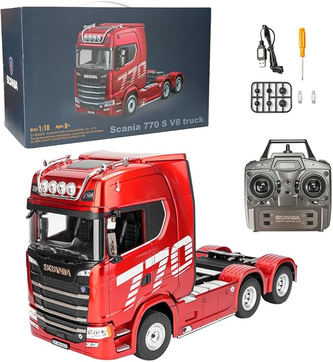 770S 1/18 RC Semi Trailer 6x4 Heavy Duty Tractor Truck with Rear Wheel Drive Adult Collectible Model (Red)