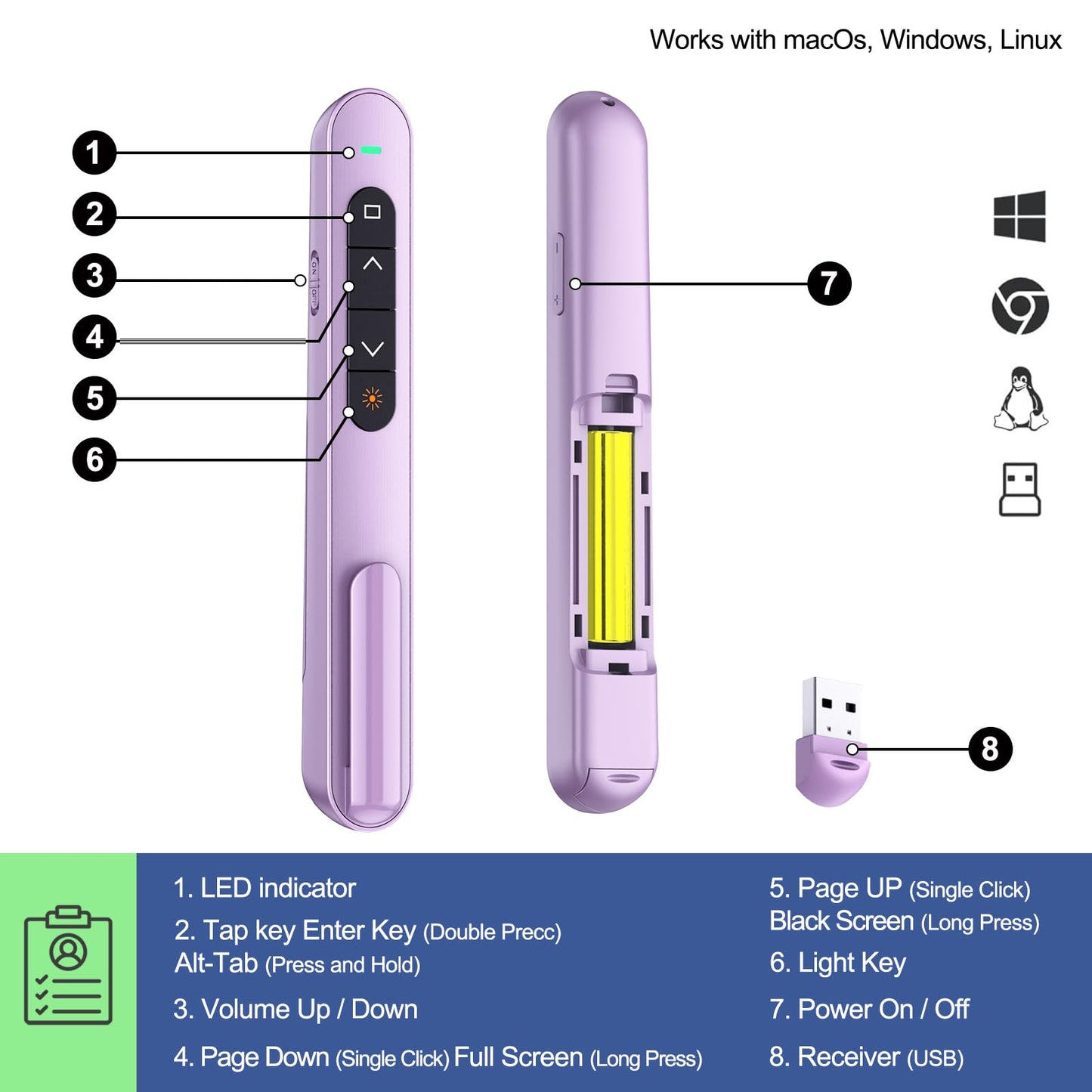 QUI 2 Pack Presentation Clicker, Hyperlink Volume Control Wireless Presenter, RF 2.4GHz USB Presentation Remote Control,PowerPoint Clicker Slide Advancer for Computer, Laptop, Mac (USB, Purple)