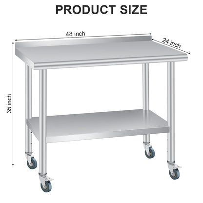 Stainless Steel Prep Table, 48 x 24 inches, with Backsplash & 4 Wheels, Adjustable Undershelf, Commercial Heavy Duty Table with Adjustable Under Shelf for Outdoor Use,Restaurants,Hotels,Works