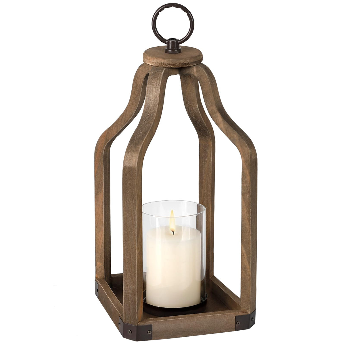 Rustic Wood Lantern Candle Holder for Farmhouse Decor - Indoor and Outdoor Table Centerpiece with Glass Hurricane, 15.7" High