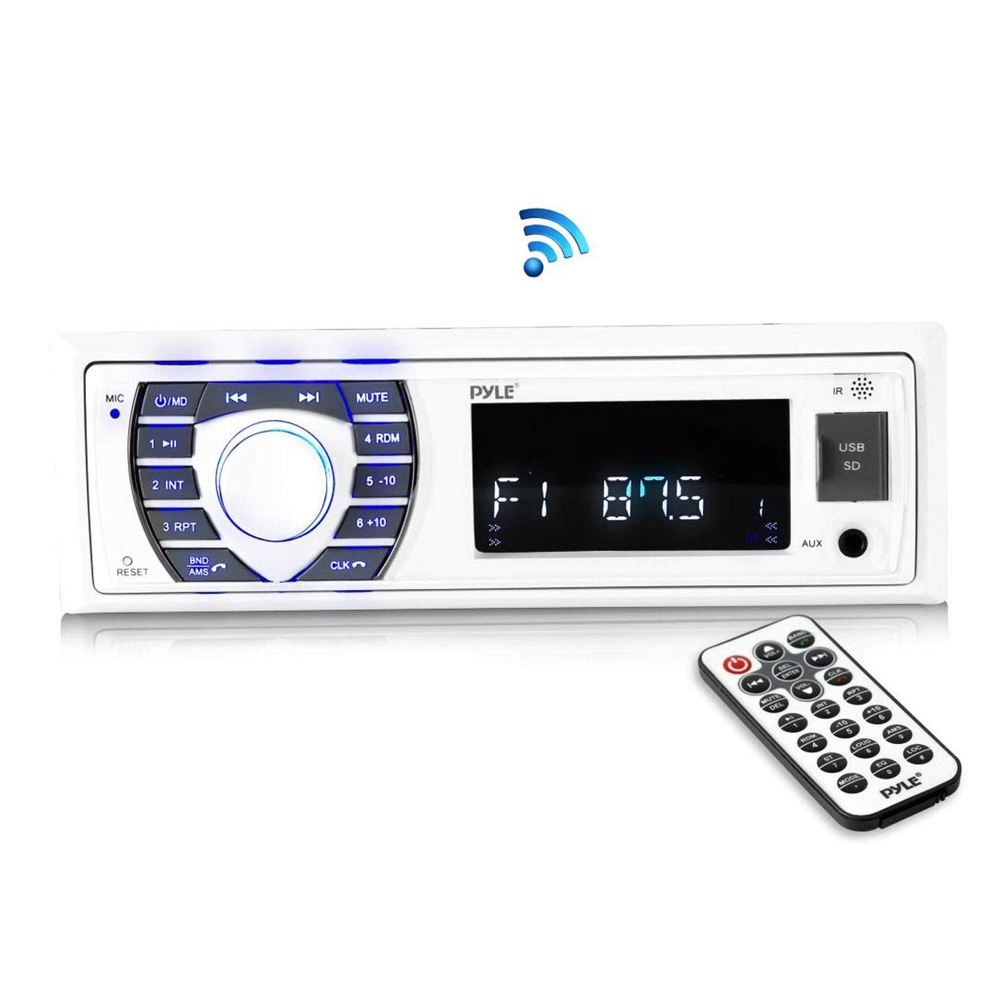 Pyle Bluetooth Marine Stereo Receiver - 12V Single DIN Boat In-Dash Radio with Digital LCD - RCA - MP3 - USB/SD - AM/FM Radio - Remote Control - Wiring Harness - PLRMR23BTW