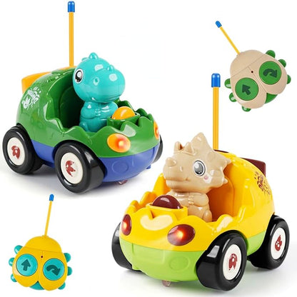 2-Pack Remote Control Dinosaur Toy Car for Kids - Birthday Gifts for Boys Toddlers Ages 18+ Months 2 3 4 5 Year Old Dino RC Vehicle with Lights and Music