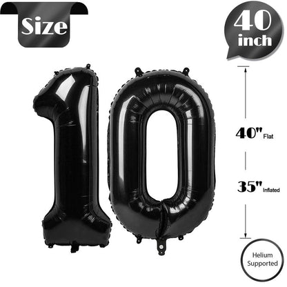 Black Number 10 Balloon 40 inch, 10 Number Balloons, 10th Black Birthday Decorations, 10 Year Old Girls Boys Party Supplies