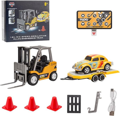 FunXylophy 1/64 Mini RC Forklift 2.4G 10KM/h Full-Proportional Remote Control Forklift with Trailer Cargo Hook Forks and Pallet Christmas &amp Birthday Gifts (Yellow)