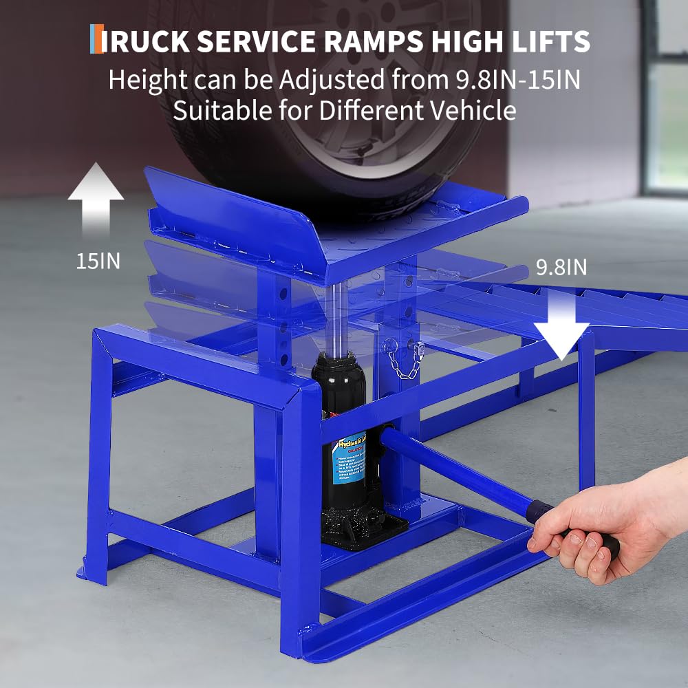 2PCS Hydraulic Car and Truck Service Ramps,11023 LBS (5 T) Capacity, Portable Lifts Ramps for Oil Changes, Adjustable Lift Height 9.8 in to 16.21 in, Home Garage,Vehicle Auto Garage Repair (Blue 5 T)