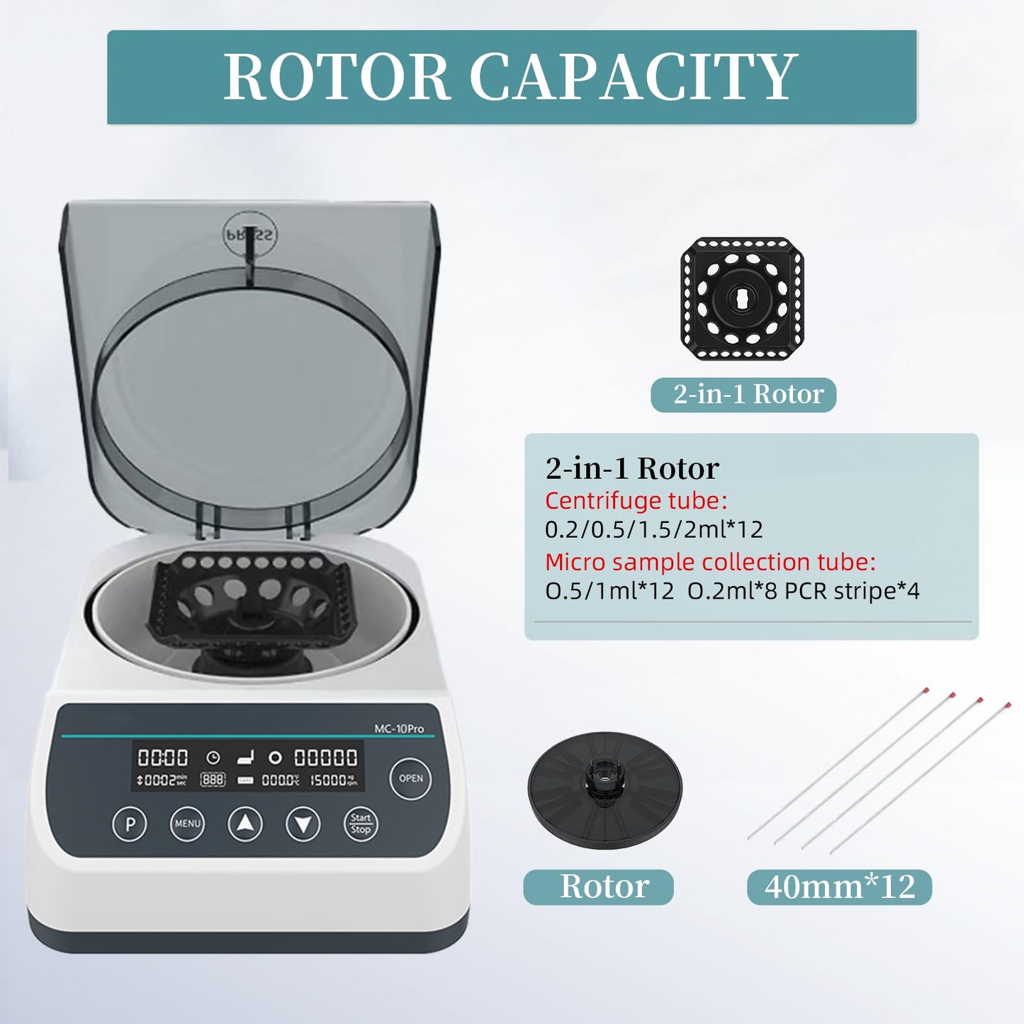 LABHOUSE Lab Digital 10000RPM Micro Centrifuge | 2 Rotors for 0.2/0.5/1.5/2ml & (40mm,Φ1.5mm Glass Tubes)*12 Tube | High Speed Mini Centrifuge Max.6708 xg