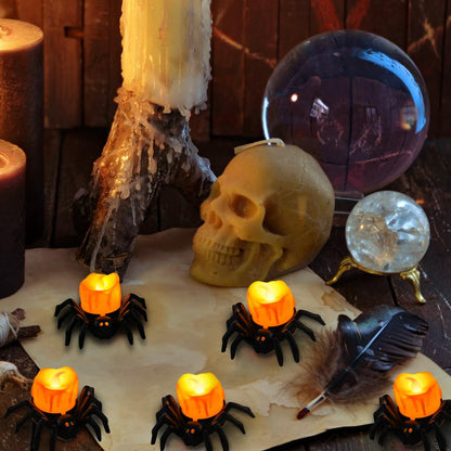 Vellibring 6PCS Halloween Spider Tea Lights Decoration, Halloween Flameless LED Candle Holder Lights Battery Operated for Halloween Party Table Home Spooky Decor (Orange)