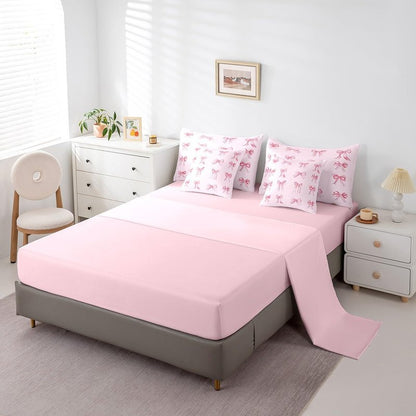 Feelyou Pink Bowknots Decoration 7 Piece Bedding Set Twin Size for Girls Pink Bow Dreamy Kids Bed in a Bag Girly Pink Bed Set