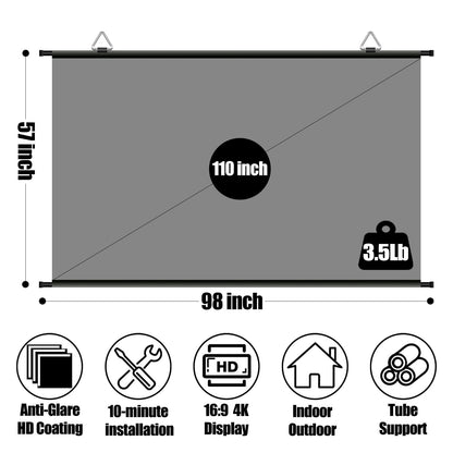 110 inch Projector Screen, XIAOHUI Portable Movie Projector Screen for Outdoor Indoor with 3 pcs Adhesive Hook, 4K Hanging Projection Screen for World Cup Room Wall, Anti-Glare, 16:9 HD