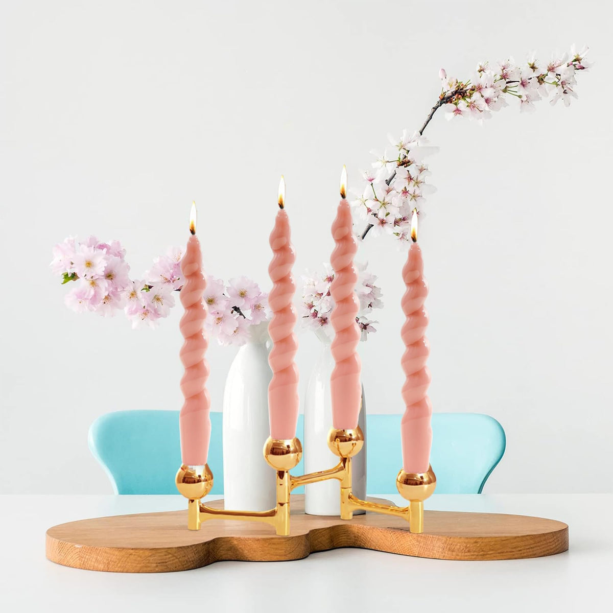 MAITREYA Light Blush Spiral Taper Candles - Conical Stick Candles, Handmade Twisted, Set of 4 for Decoration, Weddings, Party, Church - Unscented, Dripless, 7.5inch