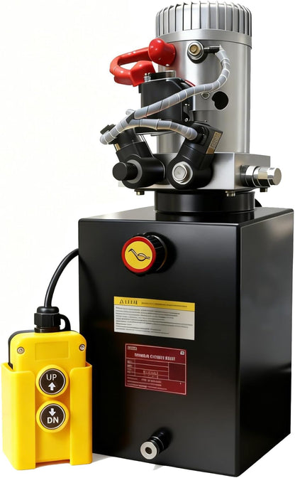 ParnicoTech 10 Quart Hydraulic Power Unit, Double Acting Dump Trailer Pump 12V DC, 3200 PSI Max Relief Pressure, Power Unit Metal Reservoir for Dump Trailer Car Lifting, SAE # 6 Port, Steel