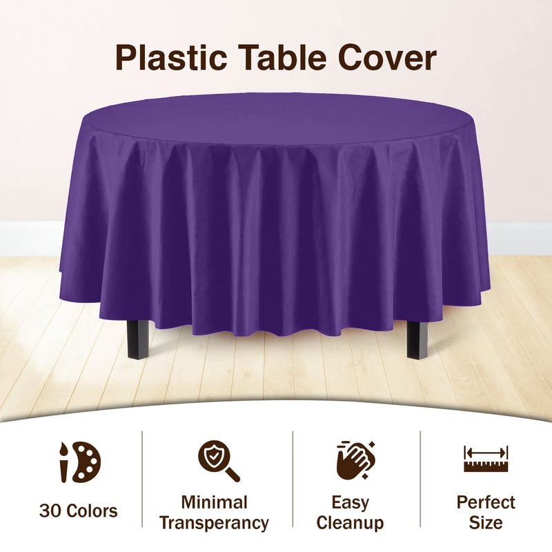 Exquisite Party Solids 6-Pack Premium Plastic Tablecloth 84in. Round Plastic Table Cover - Purple