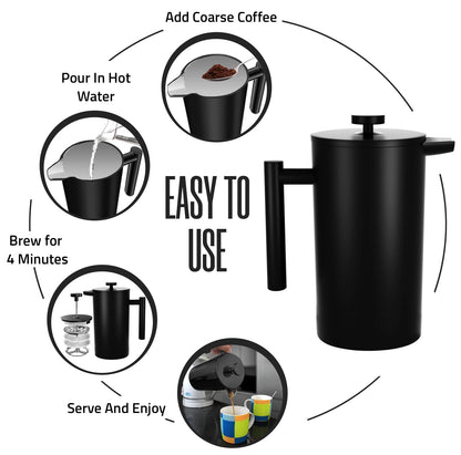Utopia Kitchen 304 Grade Stainless Steel French Press Coffee Maker 17 Oz, Double Wall Insulated Coffee Press with 4-Level Filtration system, Include 2 Extra Filters, Rust-Free, Black